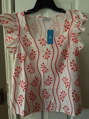 Cupshe White Blouse with Red Floral Stripe Ruffle Sleeves size large women